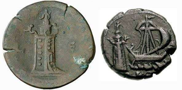 Изображение маяка на монетах, отчеканенных в Александрии во II веке н. э.: 1. Реверс монеты Антонина Пия; 2. Реверс монеты Коммода.