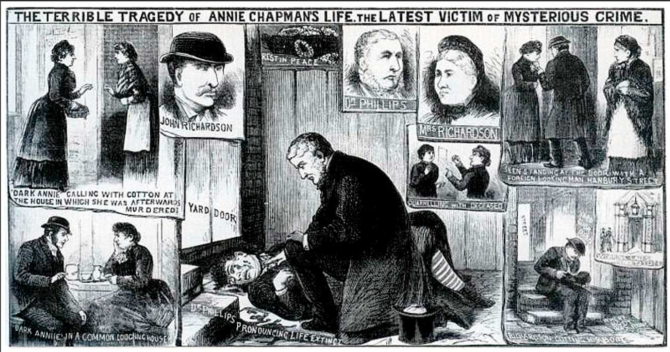 Рисунок из газеты 1888 года: Доктор Филлипс осматривает тело Энни Чепмен (The Illustrated Police News). Рисунок из газеты 1888 года: Доктор Филлипс осматривает тело Энни Чепмен (The Illustrated Police News).