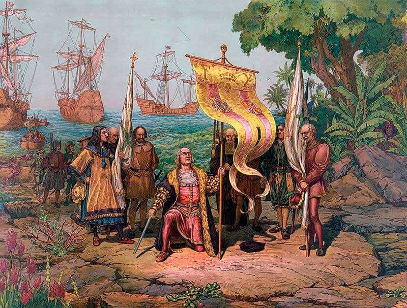 Колумб объявляет открытую землю собственностью испанского короля. 