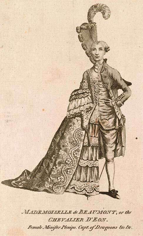 Карикатура на д'Эона, одетого наполовину в женскую одежду, наполовину в мужскую одежду Опубликована в London Magazine в сентябре 1777 года, автор неизвестен.