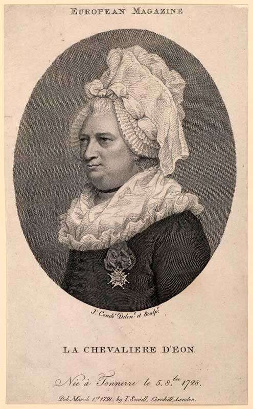 Шевалье д'Эон (Chevaliere D'Eon) Гравюра Жана Конде, опубликованная Джоном Сьюэллом в Европейском журнале (European Magazine) 1 марта 1791 г. Обратите внимание, что дата рождения на гравюре - 5. 8. 1728 года…