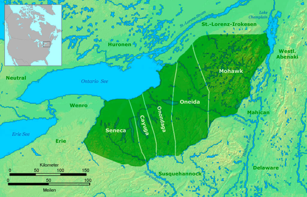 Территория племени ирокезов (Пять Наций) около 1650 г. Территория племени ирокезов (Пять Наций) около 1650 г.